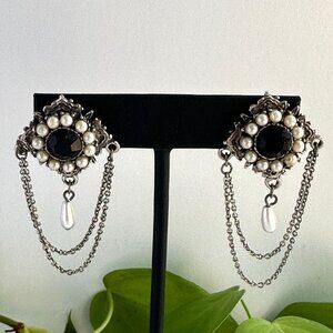Vintage Pearl and Black Glass Pierced Dangle Earrings